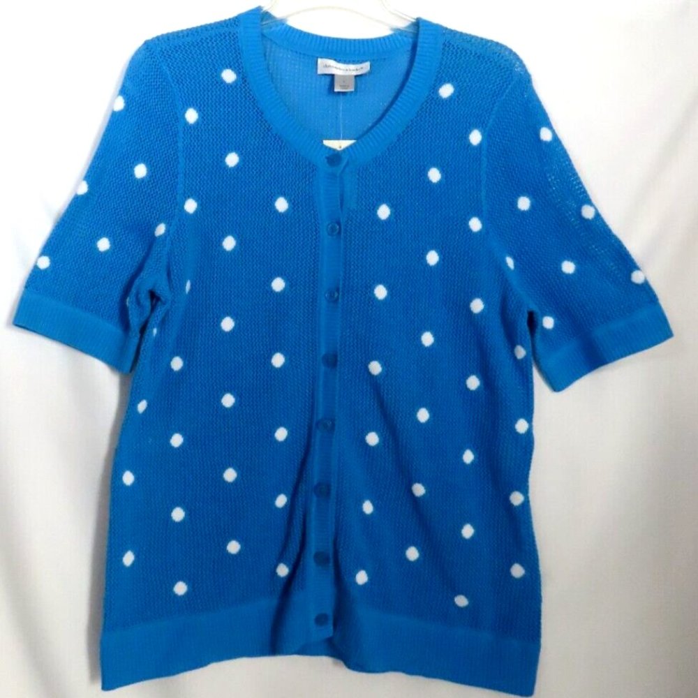 CHRISTOPHER & BANKS Short Sleeve Button Up Sweater Size L Blue Polka Dot NWT